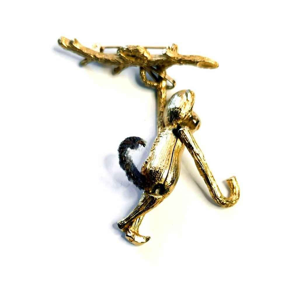 Vintage PAN Jewelry Monkey Hanging From Branch Brooch Pin Gold-Tone